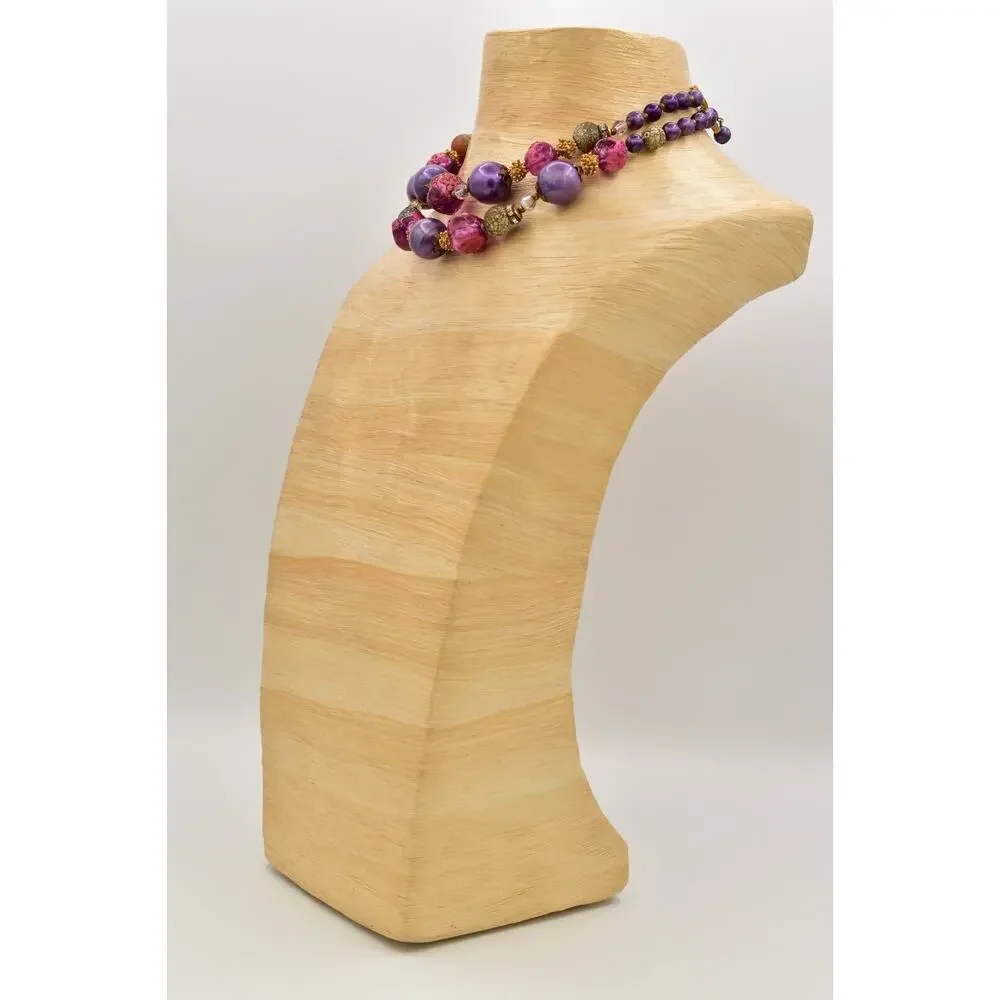 DEAUVILLE Vintage Beaded Collar Necklace Purple Pink Chunky Signed 1950s BinBE